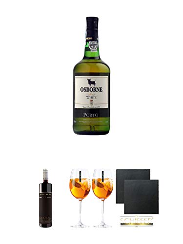 Osborne Port White 19,5% 0,75 Liter + Bree Red Merlot 0,75 Liter + Scavi & Ray Wein Glas 2 Stück + Schiefer Glasuntersetzer eckig ca. 9,5 cm Ø 2 Stück von Unbekannt