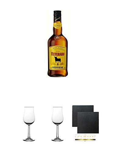 Osborne Veterano Solera 1,0 Liter + 2 Bugatti Nosing Gläser mit Eichstrich 2cl und 4cl + 2 Schiefer Glasuntersetzer eckig ca. 9,5 cm Ø Osborne Veterano Solera 1,0 Liter + 2 Bugatti Nosing Gläser mit Eichstrich 2cl und 4cl + 2 Schiefer Glasuntersetzer eckig ca. 9,5 cm Ø von Unbekannt
