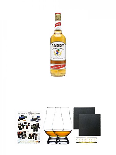 Paddy Irish Whiskey 0,7 Liter + Poster The Making of Malt Whisky DIN A1 + The Glencairn Glass Whisky Glas Stölzle 2 Stück + Schiefer Glasuntersetzer eckig ca. 9,5 cm Ø 2 Stück von Unbekannt
