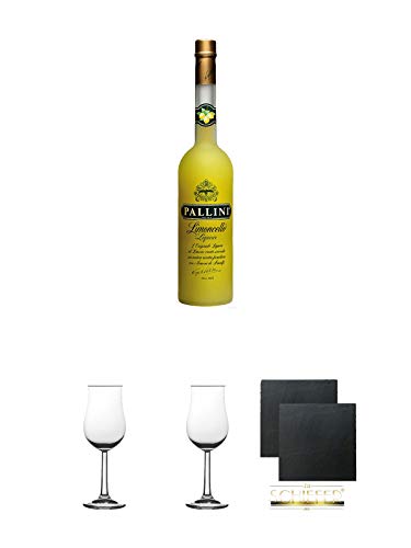 Pallini Limoncello aus Italien 0,5 Liter + 2 Bugatti Nosing Gläser mit Eichstrich 2cl und 4cl + 2 Schiefer Glasuntersetzer eckig ca. 9,5 cm Ø von Unbekannt