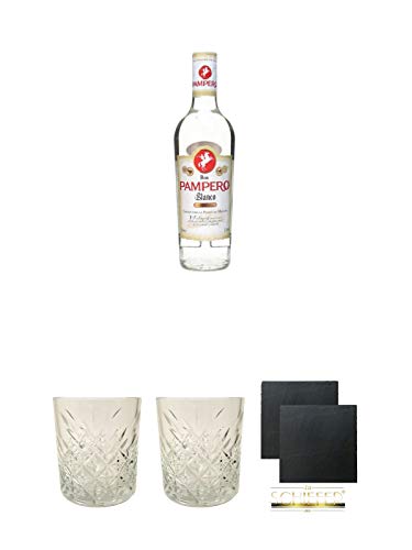 Pampero Blanco Rum Venezuela 0,7 Liter + Rum Glas 1 Stück + Rum Glas 1 Stück + Schiefer Glasuntersetzer eckig ca. 9,5 cm Ø 2 Stück von Unbekannt