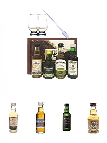 Peated Malts of Distinction 4 x 5 cl Miniaturen + 2 Glencairn Gläser + 1 Pipette + Arran 10 Jahre Single Malt Whisky Miniatur 5 cl + Auchentoshan 12 Jahre Single Malt Whisky Miniatur 5 cl + Ardbeg Ten 10 Jahre Single Malt Whisky Miniatur 5 cl + Chivas Reg von Unbekannt