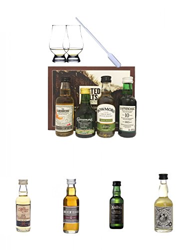 Peated Malts of Distinction 4 x 5 cl Miniaturen + 2 Glencairn Gläser + 1 Pipette + Arran 10 Jahre Single Malt Whisky Miniatur 5 cl + Auchentoshan 12 Jahre Single Malt Whisky Miniatur 5 cl + Ardbeg Ten 10 Jahre Single Malt Whisky Miniatur 5 cl + Timorous B von Unbekannt