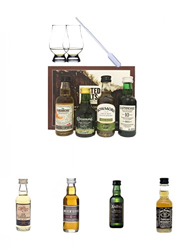 Peated Malts of Distinction 4 x 5 cl Miniaturen + 2 Glencairn Gläser + 1 Pipette + Arran 10 Jahre Single Malt Whisky Miniatur 5 cl + Auchentoshan 12 Jahre Single Malt Whisky Miniatur 5 cl + Ardbeg Ten 10 Jahre Single Malt Whisky Miniatur 5 cl + Jack Danie von Unbekannt