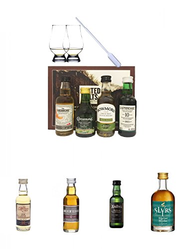 Peated Malts of Distinction 4 x 5 cl Miniaturen + 2 Glencairn Gläser + 1 Pipette + Arran 10 Jahre Single Malt Whisky Miniatur 5 cl + Auchentoshan 12 Jahre Single Malt Whisky Miniatur 5 cl + Ardbeg Ten 10 Jahre Single Malt Whisky Miniatur 5 cl + Slyrs Herb von Unbekannt