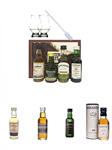 Peated Malts of Distinction 4 x 5 cl Miniaturen + 2 Glencairn Gläser + 1 Pipette + Arran 10 Jahre Single Malt Whisky Miniatur 5 cl + Auchentoshan 12 Jahre Single Malt Whisky Miniatur 5 cl + Ardbeg Ten 10 Jahre Single Malt Whisky Miniatur 5 cl + Edradour 1 von Unbekannt