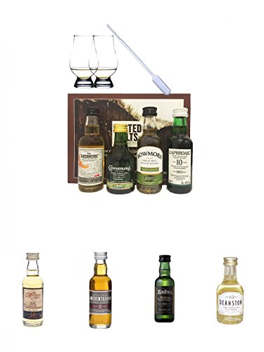 Peated Malts of Distinction 4 x 5 cl Miniaturen + 2 Glencairn Gläser + 1 Pipette + Arran 10 Jahre Single Malt Whisky Miniatur 5 cl + Auchentoshan 12 Jahre Single Malt Whisky Miniatur 5 cl + Ardbeg Ten 10 Jahre Single Malt Whisky Miniatur 5 cl + Deanston 1 von Unbekannt