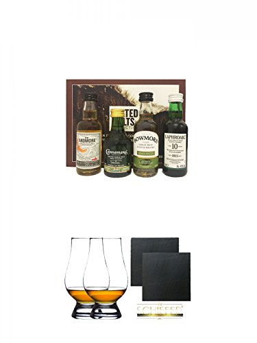 Peated Malts of Distinction 4 x 5 cl Miniaturen + The Glencairn Glass Whisky Glas Stölzle 2 Stück + Schiefer Glasuntersetzer eckig ca. 9,5 cm Ø 2 Stück von Unbekannt