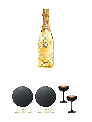 Perrier Jouet Belle Epoque Blanc de Blancs Champagner 0,75 Liter + Schiefer Glasuntersetzer RUND ca. 9,5 cm Durchmesser + Schiefer Glasuntersetzer RUND ca. 9,5 cm Durchmesser + Sektschale/Champagnerschale Stölzle 2 Gläser - Olympic Serie MATT-SCHWARZ BRON von Unbekannt