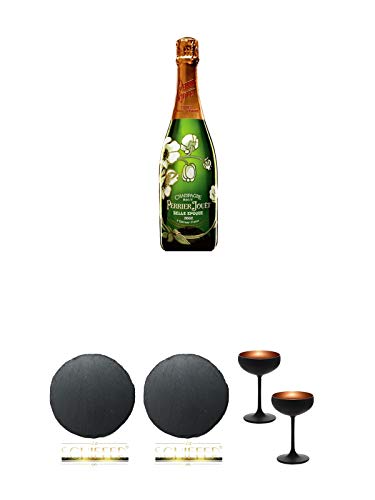 Perrier Jouet Belle Epoque Brut Champagner 0,75 Liter + Schiefer Glasuntersetzer RUND ca. 9,5 cm Durchmesser + Schiefer Glasuntersetzer RUND ca. 9,5 cm Durchmesser + Sektschale/Champagnerschale Stölzle 2 Gläser - Olympic Serie MATT-SCHWARZ BRONZE 2739408 von Unbekannt