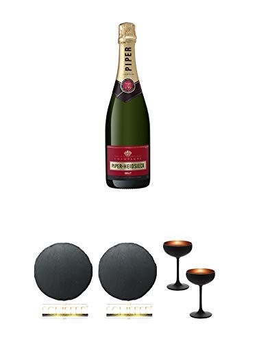 Piper-Heidsieck Brut Champagner 0,375 Liter halbe + Schiefer Glasuntersetzer RUND ca. 9,5 cm Durchmesser + Schiefer Glasuntersetzer RUND ca. 9,5 cm Durchmesser + Sektschale/Champagnerschale Stölzle 2 Gläser - Olympic Serie MATT-SCHWARZ BRONZE 2739408 von Unbekannt