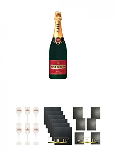 Piper-Heidsieck Brut Champagner 3 x 0,75 Liter + Piper-Heidsieck Gläser mit Schriftzug und Eichstrich 6 Stück + Schiefer Glasuntersetzer eckig 6 x ca. 9,5 cm Durchmesser + Schiefer Platzset 6 Stück Schieferplatten a 30 x 40 cm Servierplatte von Unbekannt