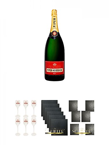 Piper-Heidsieck Brut Magnum 3,0 Liter + Piper-Heidsieck Gläser mit Schriftzug und Eichstrich 6 Stück + Schiefer Glasuntersetzer eckig 6 x ca. 9,5 cm Durchmesser + Schiefer Platzset 6 Stück Schieferplatten a 30 x 40 cm Servierplatte von Unbekannt