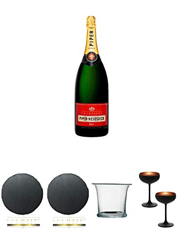 Piper-Heidsieck Brut Magnum 3,0 Liter + Schiefer Glasuntersetzer RUND ca. 9,5 cm Durchmesser + Schiefer Glasuntersetzer RUND ca. 9,5 cm Durchmesser + Sekt/Champagnerkühler mundgeblasen 1 Stück - 2000055 + Sektschale/Champagnerschale Stölzle 2 Gläser - Ol von Unbekannt