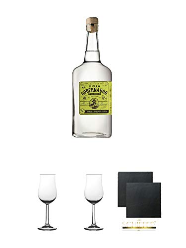 Pisco El Gobernador Chilenischer Pisco 0,7 Liter + 2 Bugatti Nosing Gläser mit Eichstrich 2cl und 4cl + 2 Schiefer Glasuntersetzer eckig ca. 9,5 cm Ø von Diverse