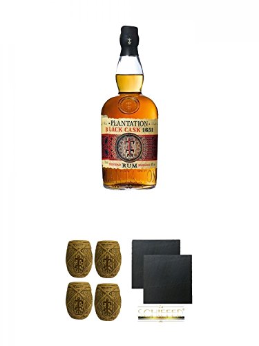 Plantation Black Cask 1651 0,7 Liter + Plantation MUG ohne Eichstrich 4 Stück + Schiefer Glasuntersetzer eckig ca. 9,5 cm Ø 2 Stück von Unbekannt