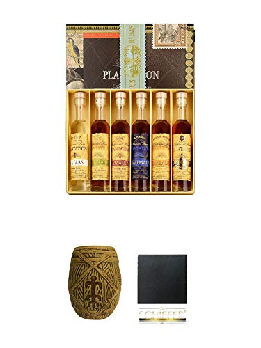 Plantation Cigar-Box mit 6 Rums je 0,1 Liter + Plantation MUG ohne Eichstrich 1 Stück + Schiefer Glasuntersetzer eckig ca. 9,5 cm Durchmesser von Unbekannt