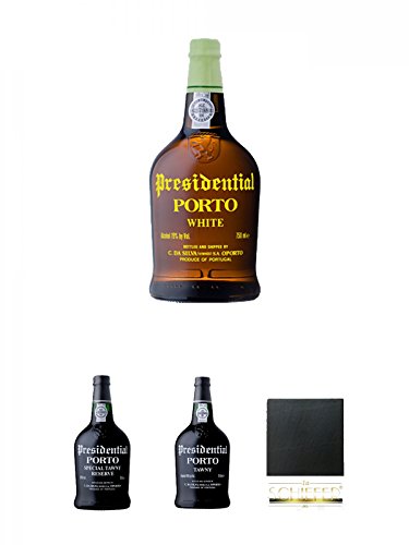 Presidential WHITE Portwein 19% 0,75 Liter + Presidential SPECIAL RESERVE Portwein 19% 0,75 Liter + Presidential TAWNY Portwein 19% 0,75 Liter + Schiefer Glasuntersetzer eckig ca. 9,5 cm Durchmesser Presidential WHITE Portwein 19% 0,75 Liter + Presidential SPECIAL RESERVE Portwein 19% 0,75 Liter + Presidential TAWNY Portwein 19% 0,75 Liter + Schiefer Glasuntersetzer eckig ca. 9,5 cm Durchmesser von Unbekannt