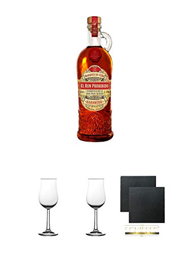 Prohibido Rum Habanero 12 Jahre 0,7 Liter + 2 Bugatti Nosing Gläser mit Eichstrich 2cl und 4cl + 2 Schiefer Glasuntersetzer eckig ca. 9,5 cm Ø Prohibido Rum Habanero 12 Jahre 0,7 Liter + 2 Bugatti Nosing Gläser mit Eichstrich 2cl und 4cl + 2 Schiefer Glasuntersetzer eckig ca. 9,5 cm Ø von Unbekannt