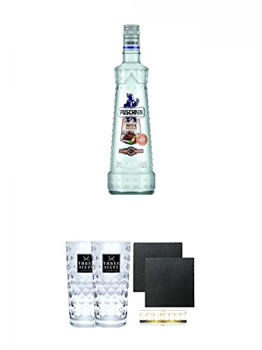 Puschkin Nuts & Nougat 0,7 Liter + Three Sixty Vodka Gläser 2 Stück + Schiefer Glasuntersetzer eckig ca. 9,5 cm Ø 2 Stück von Diverse