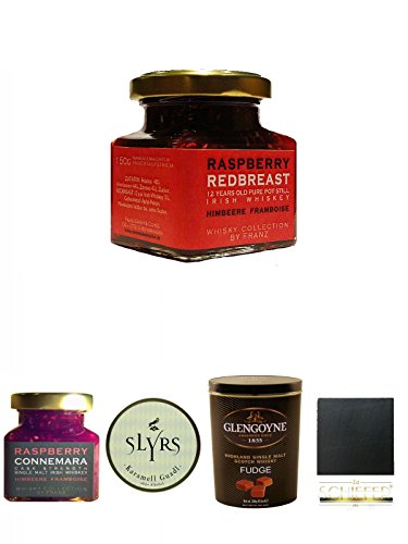 Redbreast 12 Jahre Himbeere Marmelade 150 Gramm Glas + Connemara Irish Whisky Himbeer Marmelade 150g im Glas + Slyrs bayerische Guadl 200 Gramm Karamellbonbons ohne Alkohol + Glengoyne Malt Whisky Fudge in Blechdose 300g + Schiefer Glasuntersetzer eckig c Redbreast 12 Jahre Himbeere Marmelade 150 Gramm Glas + Connemara Irish Whisky Himbeer Marmelade 150g im Glas + Slyrs bayerische Guadl 200 Gramm Karamellbonbons ohne Alkohol + Glengoyne Malt Whisky Fudge in Blechdose 300g + Schiefer Glasuntersetzer eckig c von Unbekannt