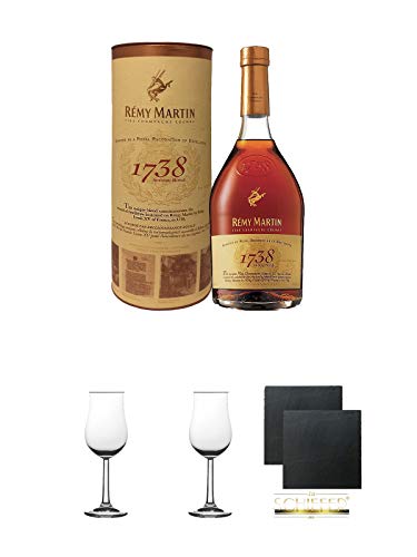 Remy Martin 1738 Accord Royal Frankreich 0,7 Liter + 2 Bugatti Nosing Gläser mit Eichstrich 2cl und 4cl + 2 Schiefer Glasuntersetzer eckig ca. 9,5 cm Ø von Diverse