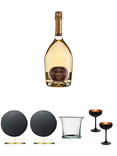 Ruinart Champagner Blanc de Blanc Magnum 1,50 Liter + Schiefer Glasuntersetzer RUND ca. 9,5 cm Durchmesser + Schiefer Glasuntersetzer RUND ca. 9,5 cm Durchmesser + Sekt/Champagnerkühler mundgeblasen 1 Stück - 2000055 + Sektschale/Champagnerschale Stölzle von Unbekannt