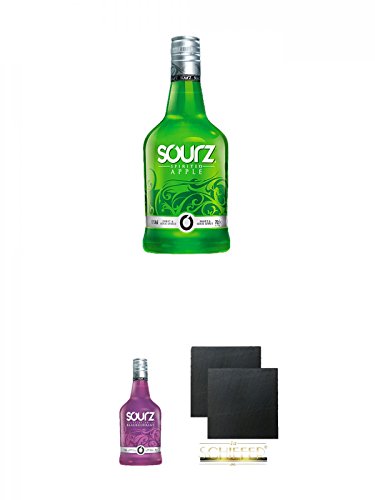 SOURZ Apple Likör 0,7 Liter + SOURZ Blackcurrant Likör 0,7 Liter + Schiefer Glasuntersetzer eckig ca. 9,5 cm Ø 2 Stück von Unbekannt