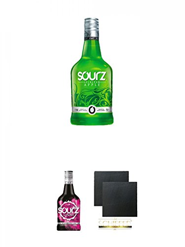 SOURZ Apple Likör 0,7 Liter + SOURZ Raspberry 0,7 Liter + Schiefer Glasuntersetzer eckig ca. 9,5 cm Ø 2 Stück von Unbekannt