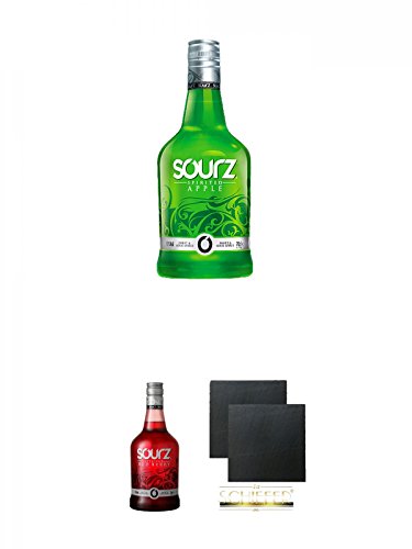 SOURZ Apple Likör 0,7 Liter + SOURZ Red Berry 0,7 Liter + Schiefer Glasuntersetzer eckig ca. 9,5 cm Ø 2 Stück von Diverse