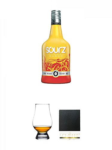 SOURZ Mango Likör 0,7 Liter + The Glencairn Glass Whisky Glas Stölzle 1 Stück + Schiefer Glasuntersetzer eckig ca. 9,5 cm Durchmesser von Unbekannt