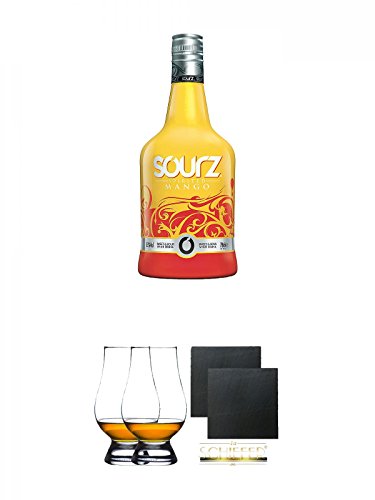 SOURZ Mango Likör 0,7 Liter + The Glencairn Glass Whisky Glas Stölzle 2 Stück + Schiefer Glasuntersetzer eckig ca. 9,5 cm Ø 2 Stück von Unbekannt