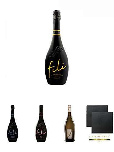 Sacchetto Fili Prosecco DOC Brut V.S. Millesimato 0,75 Liter + Sacchetto Fili Prosecco DOC V.S.Q.A. 0,75 Liter + Sacchetto Fili Rosato IGT Vino Frizzante 0,75 Liter + Sacchetto Silber Veneto IGT Vino Frizzante 0,75 Liter + Schiefer Glasuntersetzer eckig c von Unbekannt