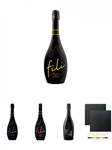 Sacchetto Fili Prosecco DOC Brut V.S. Millesimato 0,75 Liter + Sacchetto Fili Prosecco DOC V.S.Q.A. 0,75 Liter + Sacchetto Fili Rosato IGT Vino Frizzante 0,75 Liter + Sacchetto Spumante Etichetta Nera Millesimato Extra Dry 0,75 Liter + Schiefer Glasunters von Unbekannt