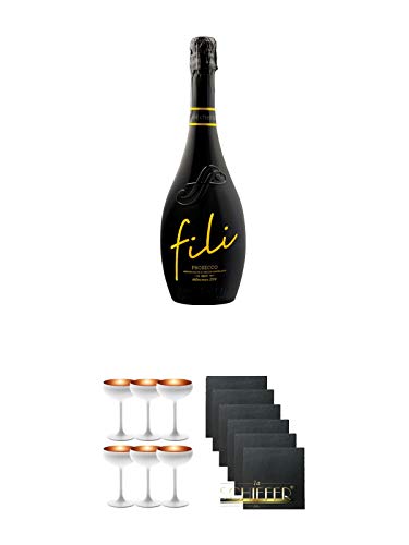 Sacchetto Fili Prosecco DOC Brut V.S. Millesimato 0,75 Liter + Sektschale Stölzle 6 Gläser - Olympic Serie matt-weiß BRONZE 273/88/08 + Schiefer Glasuntersetzer eckig 6 x ca. 9,5 cm Durchmesser von Unbekannt