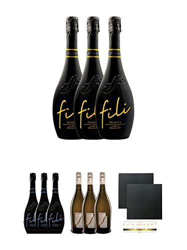 Sacchetto Fili Prosecco DOC Brut V.S. Millesimato 3 x 0,75 Liter + Sacchetto Fili Prosecco DOC V.S.Q.A. 3 x 0,75 Liter + Sacchetto Silber Veneto IGT Vino Frizzante - 3 x 0,75 Liter + Schiefer Glasuntersetzer eckig ca. 9,5 cm Ø 2 Stück von Unbekannt