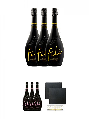 Sacchetto Fili Prosecco DOC Brut V.S. Millesimato 3 x 0,75 Liter + Sacchetto Fili Rosato IGT Vino Frizzante 3 x 0,75 Liter + Schiefer Glasuntersetzer eckig ca. 9,5 cm Ø 2 Stück von Unbekannt