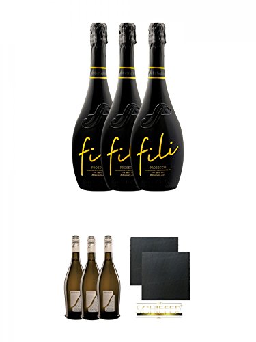 Sacchetto Fili Prosecco DOC Brut V.S. Millesimato 3 x 0,75 Liter + Sacchetto Silber Veneto IGT Vino Frizzante - 3 x 0,75 Liter + Schiefer Glasuntersetzer eckig ca. 9,5 cm Ø 2 Stück von Unbekannt