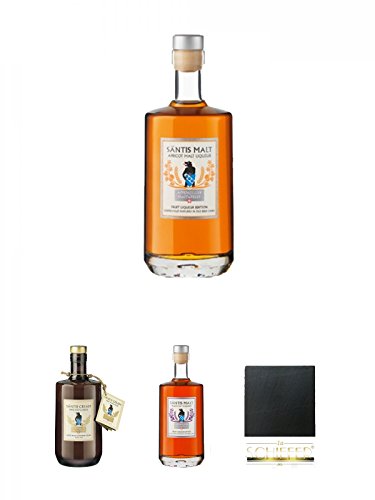 Säntis Apricot Malt Likör (35%) 0,5 Liter + Säntis Marwees Malt Likör (18%) 0,5 Liter + Säntis Plum Malt Likör (35%) 0,5 Liter + Schiefer Glasuntersetzer eckig ca. 9,5 cm Durchmesser von Unbekannt