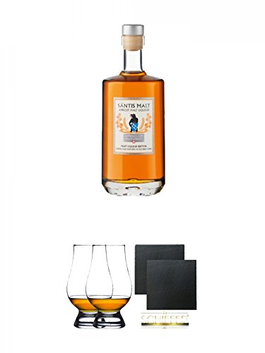 Säntis Apricot Malt Likör (35%) 0,5 Liter + The Glencairn Glass Whisky Glas Stölzle 2 Stück + Schiefer Glasuntersetzer eckig ca. 9,5 cm Ø 2 Stück von Diverse