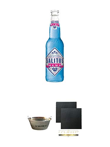 Salitos Blue Fruchtweinmixgetränk in Glasflasche 0,33 Liter + Salitos Kühlwanne aus Metall mit Griffen 1 Stück + Schiefer Glasuntersetzer eckig ca. 9,5 cm Ø 2 Stück von Unbekannt