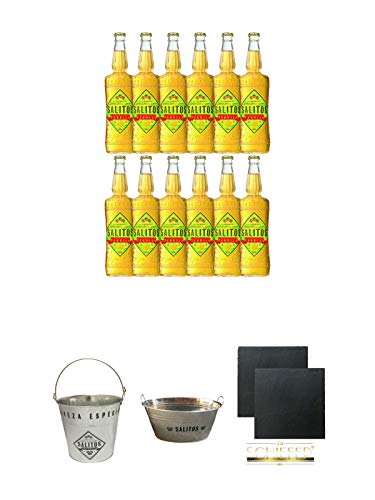 Salitos Tequila Bier 12 x 0,65 Liter + Salitos Eiskübel aus Metall mit Henkel 1 Stück + Salitos Kühlwanne aus Metall mit Griffen 1 Stück + Schiefer Glasuntersetzer eckig ca. 9,5 cm Ø 2 Stück von Unbekannt