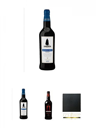 Sandeman Medium Sweet Sherry Spanien 0,75 Liter + Sandeman Medium Sweet Sherry Spanien 0,75 Liter + Sandeman Medium Dry Sherry Spanien 0,75 Liter + Schiefer Glasuntersetzer eckig ca. 9,5 cm Durchmesser von Unbekannt