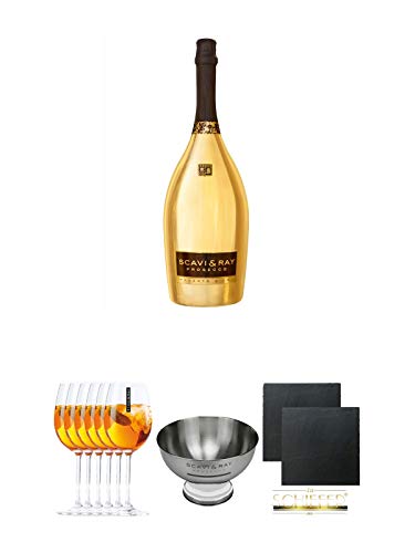 Scavi & Ray Oro Momento Gold 3,0 Liter in Holzkiste + Scavi & Ray Hugo Glas 6 Stück + Scavi & Ray Champagnerkühler Edelstahl 1 Stück + Schiefer Glasuntersetzer eckig ca. 9,5 cm Ø 2 Stück von Unbekannt