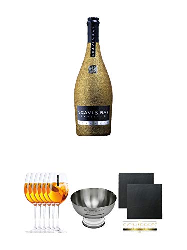 Scavi & Ray Prosecco Spumante GLITZER - GOLD - EDITION 0,75 Liter + Scavi & Ray Hugo Glas 6 Stück + Scavi & Ray Champagnerkühler Edelstahl 1 Stück + Schiefer Glasuntersetzer eckig ca. 9,5 cm Ø 2 Stück von Unbekannt