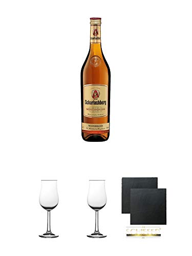 Scharlachberg deutscher Weinbrand 0,7 Liter + 2 Bugatti Nosing Gläser mit Eichstrich 2cl und 4cl + 2 Schiefer Glasuntersetzer eckig ca. 9,5 cm Ø von Diverse