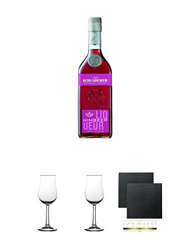 Schladerer Himbeer Likör 0,5 Liter + 2 Bugatti Nosing Gläser mit Eichstrich 2cl und 4cl + 2 Schiefer Glasuntersetzer eckig ca. 9,5 cm Ø von Diverse