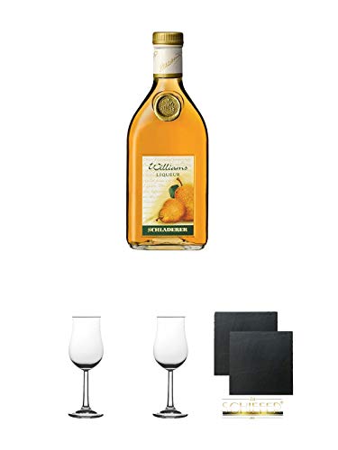 Schladerer Williams Likör 0,35 Liter + Nosing Gläser Kelchglas Bugatti mit Eichstrich 2cl und 4cl 1 Stück + Nosing Gläser Kelchglas Bugatti mit Eichstrich 2cl und 4cl 1 Stück + Schiefer Glasuntersetzer eckig ca. 9,5 cm Ø 2 Stück von Unbekannt