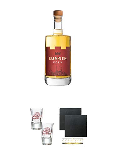 Schlitzer Burgen Korn 38% 0,5 Liter + Schlitzer Stamper 0,02 Liter mit Eichstrich 2 Stück + Schiefer Glasuntersetzer eckig ca. 9,5 cm Ø 2 Stück Schlitzer Burgen Korn 38% 0,5 Liter + Schlitzer Stamper 0,02 Liter mit Eichstrich 2 Stück + Schiefer Glasuntersetzer eckig ca. 9,5 cm Ø 2 Stück von Unbekannt