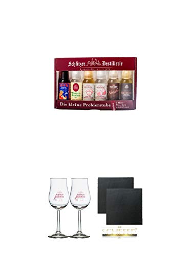 Schlitzer Probierstube Quer durch die Destillerie 6 x 0,2 Liter + Schlitzer OBSTBRAND Stielglas mit Eichstrich 2 cl 2 Stück + Schiefer Glasuntersetzer eckig ca. 9,5 cm Ø 2 Stück Schlitzer Probierstube Quer durch die Destillerie 6 x 0,2 Liter + Schlitzer OBSTBRAND Stielglas mit Eichstrich 2 cl 2 Stück + Schiefer Glasuntersetzer eckig ca. 9,5 cm Ø 2 Stück von Diverse